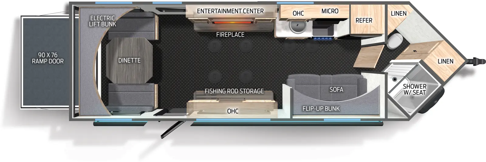 The Grey Wolf 21GPTH floorplan is a toy hauler that has one entry and zero slide outs. Exterior features include: metal exterior and 16' awning. Interiors features include: bunk beds.